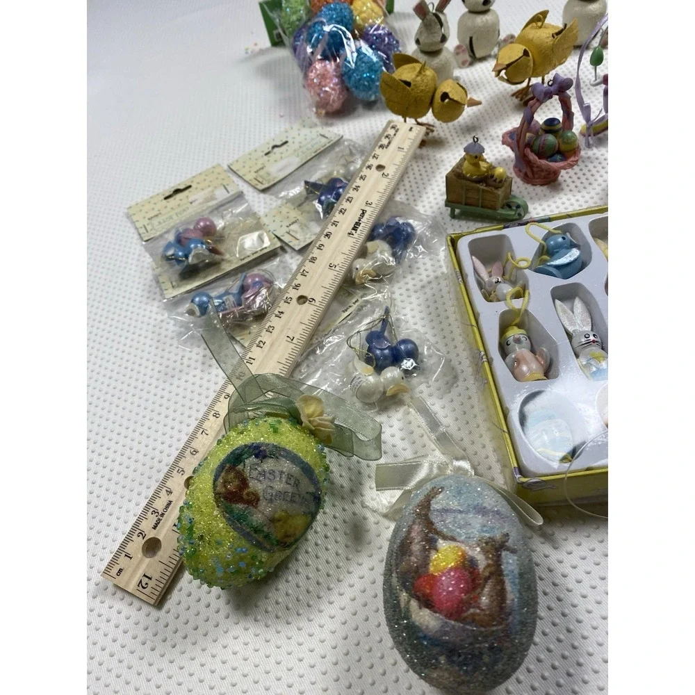 Huge Lot of Vintage Small Easter‎ Ornaments Hand Painted Wooden Resin Eggs Bunny